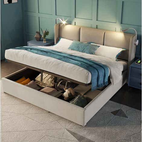 Polsterbett 140/200 cm beige aus Leinen mit Bettkasten, USB und Leselicht (1/5)