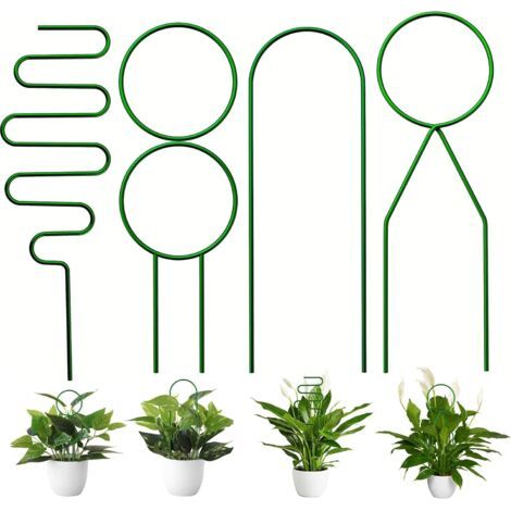 Un ensemble de 4 petits supports métalliques pour plantes, adaptés aux plantes grimpantes d'intérieur, de couleur verte.
