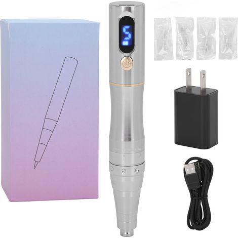 Stylo de microblading rechargeable sans fil, longueur d'aiguille réglable, tatouage sourcils et lèvres, argenté, avec 4 aiguilles, prise US 100-240V. (1/5)