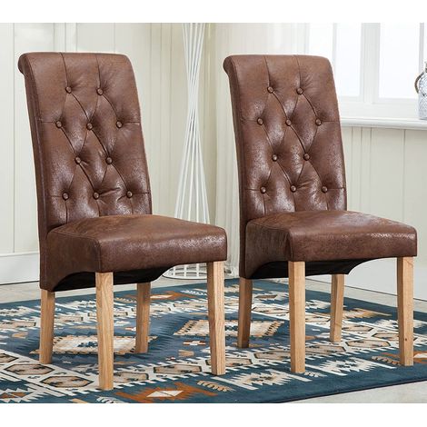 2 x Lined Fabric Dining Chairs Roll Top Scroll High Back home& restaurants BROWN