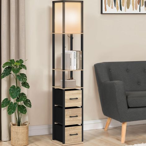 Lámpara de pie industrial de madera negra con estantes de madera clara, 3 cajones de tela UTAH y pantalla cuadrada blanca