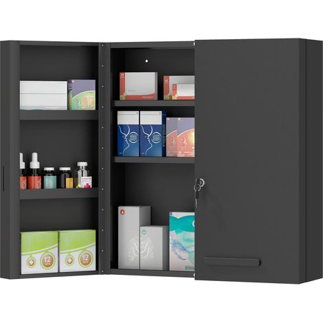 Armoire à pharmacie, armoire à médicaments verrouillable 2 portes 6 étagères noire (1/4)