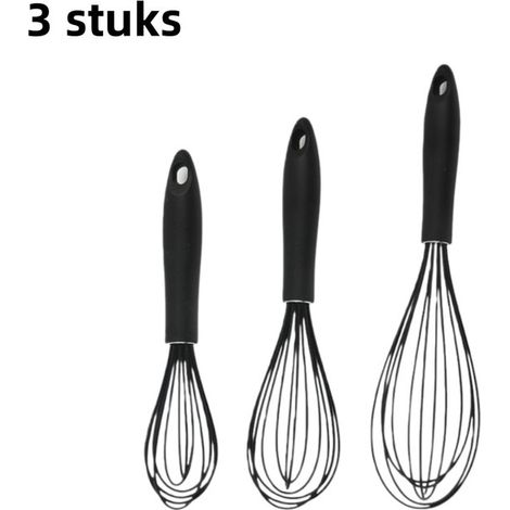 Lot de 3 fouets en silicone – Fouet de cuisine pour œufs, pâte et préparation culinaire – Poignée antidérapante résistante aux rayures – Noir (1/5)