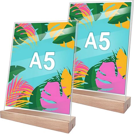 2 Pièces Présentoir A5 Transparent Support Affiche A5 avec Socle en Bois Support Plexiglass pour Les Bureaux, Les Restaurants, Les Magasins, Les Hôtels, Les Comptoirs (1/5)