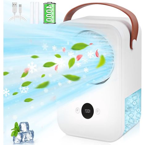 Climatiseur portable avec aromathérapie 4000 mAh 4-en-1, mini climatiseur silencieux, ventilateur avec humidificateur et fonction brumisation, 4 vitesses, climatiseur pour chambre, bureau ou camping (1/5)