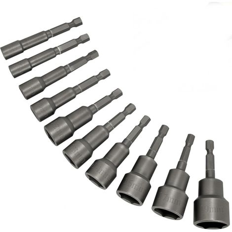 Coffret 10 douilles à queue Impact, Adaptateur Visseuse de Douille Hexagonale Magnétique Embout Aimanté 6/7/8/10/12/13/14/15/17/19mm, pour Perceuse Main électrique Perceuse Lithium (1/5)