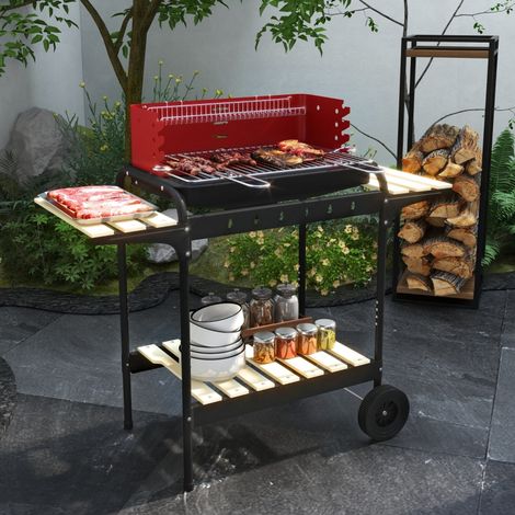 Barbecue au charbon de bois sur roulettes, grille réglable en hauteur, étagères et 6 crochets, 103 x 47 x 95 cm, rouge et noir (1/5)