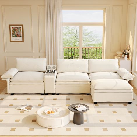 Sofá modular en L 315x90x85 cm beige de chenilla con otomana móvil, carga inalámbrica, altavoces y almacenaje (1/5)