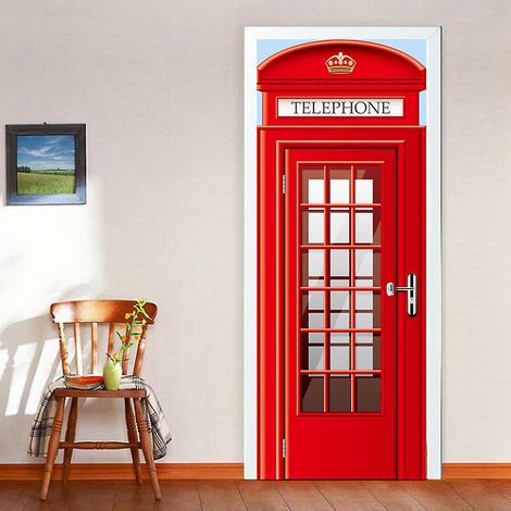autocollant De Porte Effet 3d Cabine Tlphonique Rouge (77x200cm), Autocollant Mural Intrieur En Pvc Pour Dcoration Murale Salon Cuisine Chambre Sa (1/5)
