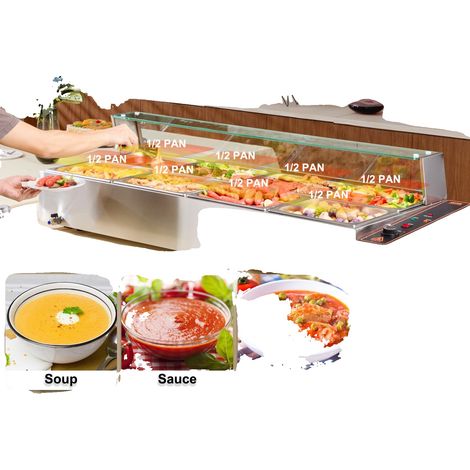 Piastra elettrica professionale VEVOR a 8 vaschette, capacità 8 x 8 QT, coperchio in vetro, bagno d'acqua in acciaio inox, 1700 W, intervallo di temperatura 86-185 °F, 5 vaschette di dimensioni 1/2 (1/5)
