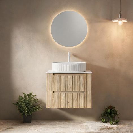 Meuble vasque suspendu 60 cm avec vasque ovale et plan en pierre (1/5)