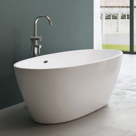 Mai & Mai Freistehende Badewanne Acryl Weiß 170x79x56 cm Oval Acryl-Standbadewanne inkl. Pop Up Ablaufgarnitur Vicenza599
