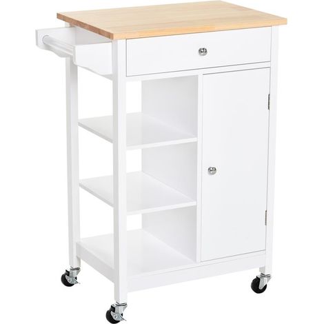 CARRELLO DA CUCINA CON CASSETTO ANTA E 3 RIPIANI IN LEGNO 66X39.5X86.5 CM BIANCO (1/5)