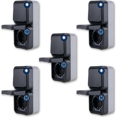 Lot de 5 prises avec interrupteur pour pièces humides, montage en saillie, IP55, verticale, 230 V, 16 A, anthracite (1/5)