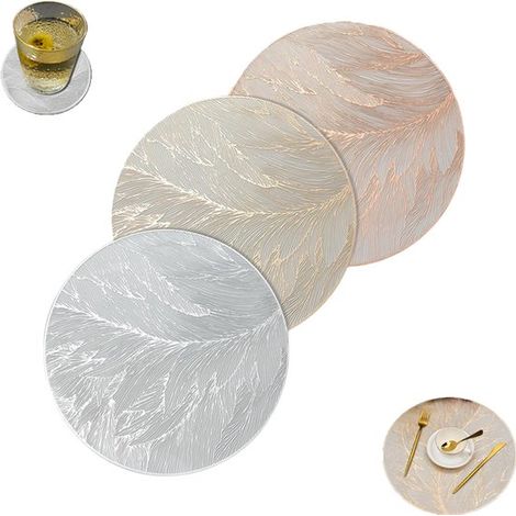 3 piezas, individual lavable termoaislante, Dorado + Plateado + Oro rosa, resistente 38 cm, lavable antideslizante, impermeable, plumas doradas (1/5)