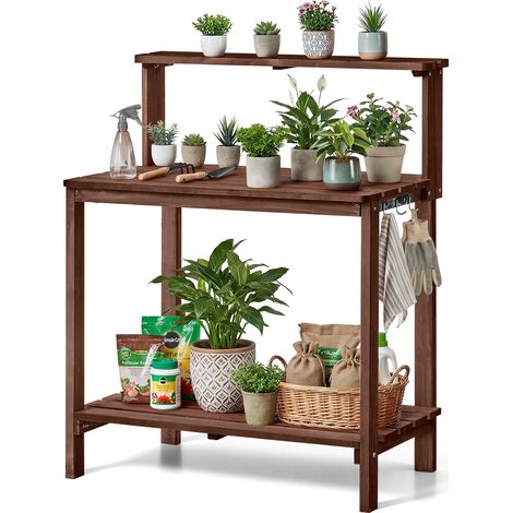 VEVOR Armadietto Banco per Giardinaggio, Postazione di Lavoro per Giardinaggio allAperto con Piano in Legno da 91 x 49,5 cm, con Ripiani Portaoggetti, Gancio per Patio Esterno, Cortile, Marrone