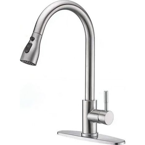 Robinet de cuisine haute pression avec douchette extractible, mitigeur rétractable avec 3 fonctions de pulvérisation, pivotant à 360°, acier inoxydable (1/5)