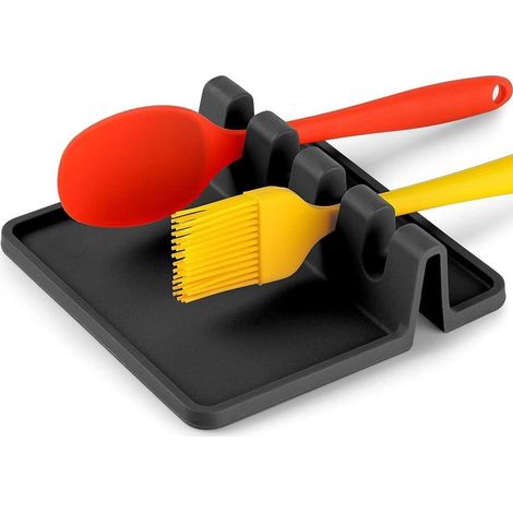 Repose-ustensiles de cuisine en silicone avec coussinet anti-gouttes, sans BPA, résistant à la chaleur, pour plusieurs ustensiles et porte-cuillère pour plaque de cuisson, noir (1/5)