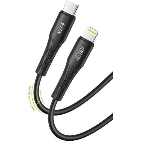 Câble GREEN LYCA USB-C vers Lightning, 3 A, 2 m, charge rapide PD 27 W, silicone liquide - Noir (1/2)