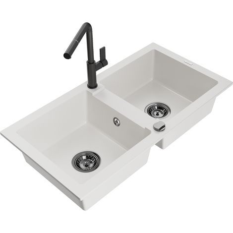 Mexen Mario 2-Becken-Granitspüle mit Mischbatterie Flora, Weiß - 6504-20-670401-70-B (1/5)