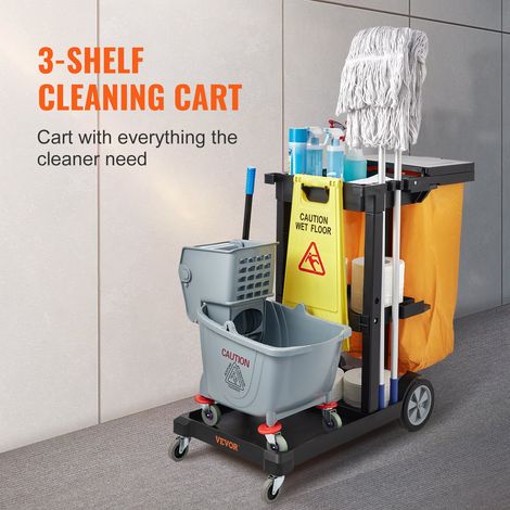 Chariot de Ménage Professionnel 3 Niveaux Chariot de Nettoyage en PP avec Sac et Couvercle Chariot d'Entretien Charge 90,7 kg Dépla… (1/5)