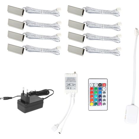 Juego de luces LED con clip para estantes de vidrio con control remoto (8 luces, RGB) para estantes de vidrio debajo de los muebles. (1/5)