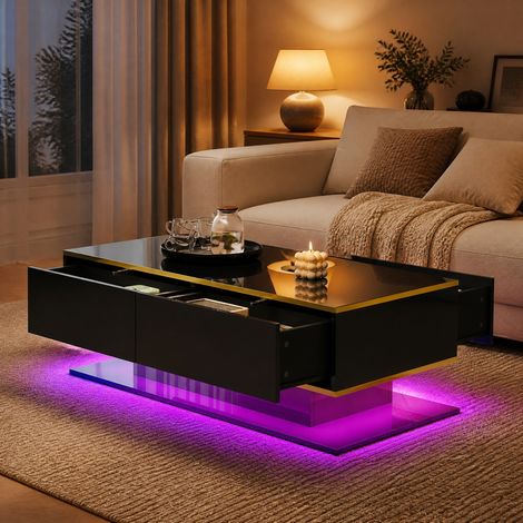 Tavolino da caffè LED 100x50x40 cm nero e oro, 3 cassetti, piano lucido, truciolare MEUBLIV (1/5)