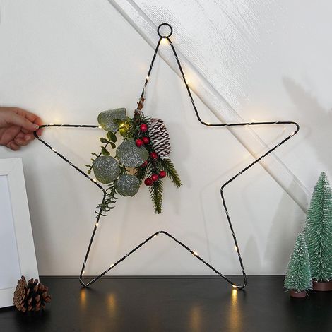 50cm Battery Power Hanging LED Star with Red Berry & Pinecones Christmas Decoration, Indoor Home (1/4)