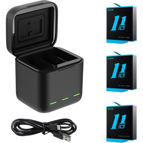 Chargeur triple et boîte de stockage de batterie avec chargeur à 3 canaux avec 3 batteries Li-ion pour Hero 12 Hero 11/10/9 Black (1/5)