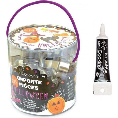 Seau 16 emporte-pièces à pâtisserie Halloween + stylo alimentaire noir