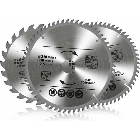 Set of 3 Tungsten Carbide Circular Saw Blades, 24T 48T 60T TCT Sah for Wood Metal and Aluminum (210 x 30 mm) (1/5)