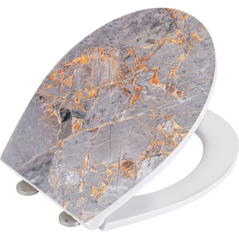 WENKO Premium WC-Sitz Grey Marble mit Relief, aus antibakteriellem Duroplast, mit Absenkautomatik, Mehrfarbig, Duroplast mehrfarbig, Edelstahl rostfrei silber matt (1/5)