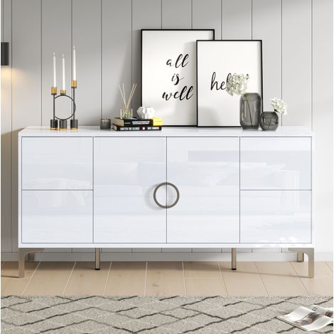 Buffet en MDF blanc brillant 150 x 38 x 59,5 cm avec 4 tiroirs sans poignées et 2 portes (1/5)