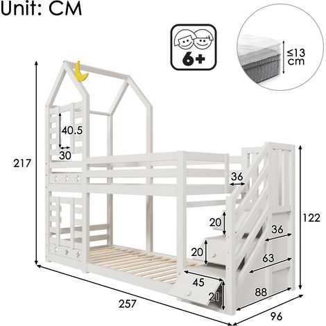 Lit mezzanine cabane blanc 90x200 cm avec tiroirs de rangement et barrière de sécurité pour enfant – 2 lattes de sommier incluses