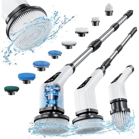 Brosse Electrique Nettoyage Rotative, Brosse de Nettoyage sans Fil avec 8 Têtes de Brosse Remplaçables, Electric Spin Scrubber avec Poignée Réglable de 137cm pour Salle de Bain Cuisine Voiture (1/5)