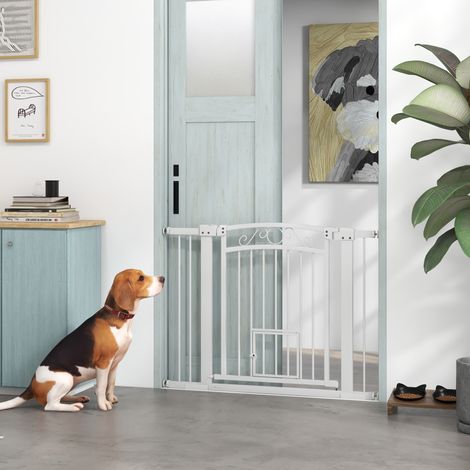 Sicherheitsgitter für Hunde im Innenbereich, Hundegitter mit 2 Verlängerungen (76–104 cm) und Katzenklappe, 77 cm hohes Hundegitter, für Flur und Treppenhaus, Weiß