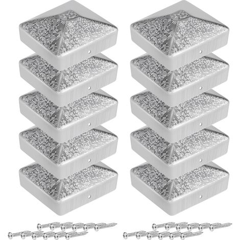 Lot de 10 capuchons de poteau de 12 x 12 cm - En acier galvanisé brillant avec fleur en zinc - Forme pyramidale aplatie - Résistant aux intempéries et inoxydable - Vis incluses - Pour poteaux en bois (1/5)