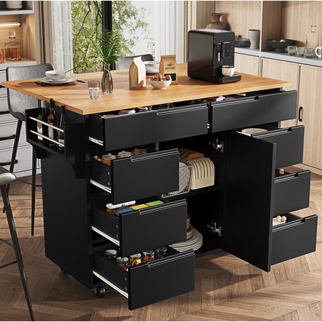 MEUBLIV Kücheninsel 122 x 74,5 x 91,5 cm schwarz – 8 Schubladen und Klappplatte (1/5)