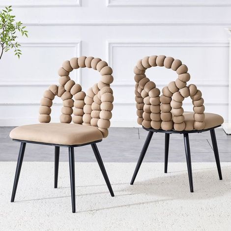Lot de Chaises 2 pièces velours camel dossier à chaîne de billes pieds métal noir pulvérisé structure stable (1/5)