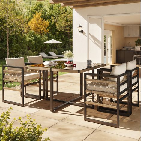 Conjunto de muebles de jardín de hierro beige y negro para 8 personas, 8 sillones, 2 mesas de vidrio templado y cojines (1/5)