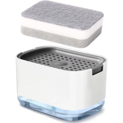 2-in-1 soap dispenser, pump with sponge holder, refillable detergent dispenser (white) (1/5)