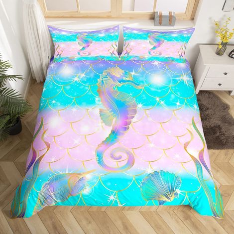 Parure de lit pour petits enfants - Motif hippocampe - Housse de couette en microfibre douce - Motif hippocampes - Ombre à paillettes pastel - Pour décoration de chambre à coucher - 135 x 200 cm (1/5)