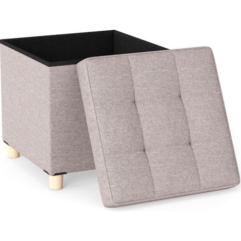 Pouf de 45 cm avec Rangement, Repose-pieds en Lin avec Plateau et Pieds en Hévéa, Tabouret à Langer Carré pour Salon, Chambre et Couloir, Beige (1/5)