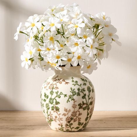 Vase vert et beige, 12 cm, motif floral chinoiserie, vase rustique en céramique pour décoration d'intérieur, salon, bibliothèque, bureau, entrée, décoration chinoiserie (1/5)