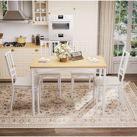 Juego de comedor de tablero de partículas y acero, blanco natural, 4 plazas, ahorro de espacio, estilo industrial (1/5)