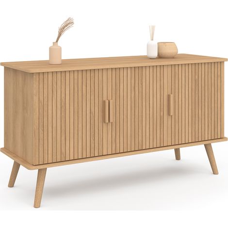 Idmarket – Buffet 110 cm 3 portes lattes en bois – Coloris chêne – Dimensions 110x40x60 cm – Pieds fuselés 18 cm pour style moderne (1/5)