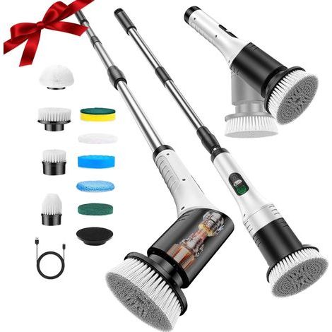 Electric Cleaning Brush, 2 Speeds, 9 Heads, Adjustable Handle, IPX6, For Bathroom, Kitchen, Car (1/5)