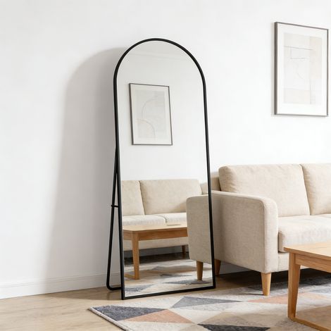Miroir sur pied, 162x53cm, Miroir en pied arqué, miroir mural, Miroir pleine longueur, verre trempé, pour Salon, Entrée, Noir