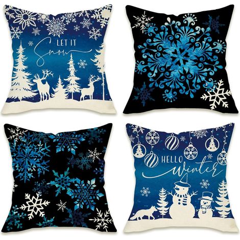 Juego de 4 fundas de cojín de 45 x 45 cm con diseño de muñeco de nieve, ciervo y árbol de Navidad, para uso exterior, en negro y azul, con estampado de decoración navideña. (1/5)