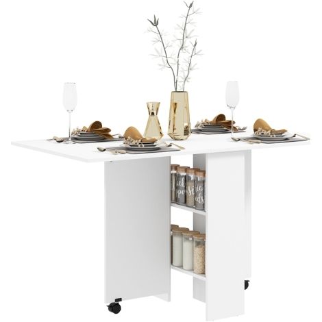 Compact Folding Dining Table with Drop Leaf Design and 2-Tier Shelves,Mobile with Rolling Casters,Perfect for Small Spaces and Kitchens,White Finish